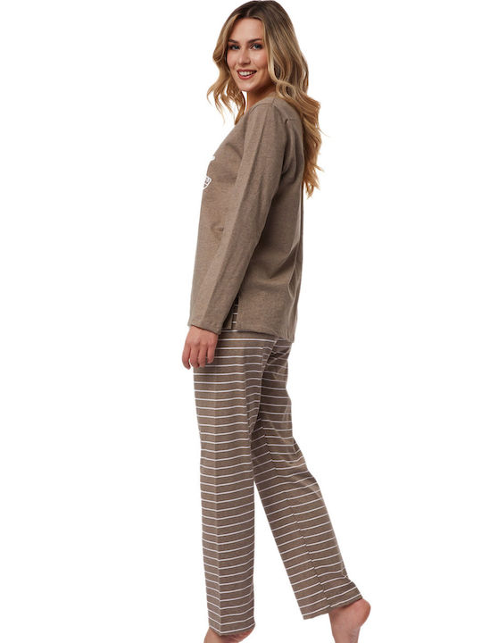 Minerva Winter Damen Pyjama-Set Baumwolle Braun