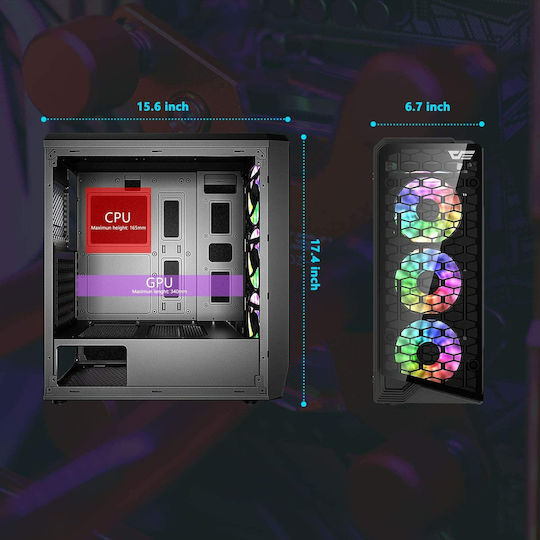 Darkflash Water Square 5 Gaming Midi-Turm Computergehäuse mit Seitenfenster Schwarz