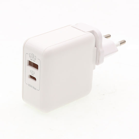 Lamtech Charger Without Cable with USB-A Port and USB-C Port 65W Power Delivery / Quick Charge 3.0 Whites (LAM023558)