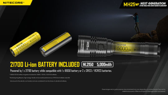 NiteCore Rechargeable Flashlight LED IP68 with Maximum Brightness 1300lm MH25V2 1 × 18650, 2 × CR123, 2 × RCR123 Black