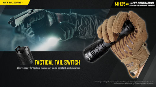 NiteCore Rechargeable Flashlight LED IP68 with Maximum Brightness 1300lm MH25V2 1 × 18650, 2 × CR123, 2 × RCR123 Black