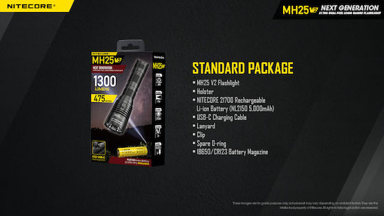 NiteCore Rechargeable Flashlight LED IP68 with Maximum Brightness 1300lm MH25V2 1 × 18650, 2 × CR123, 2 × RCR123 Black