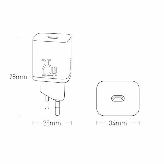Baseus Charger Without Cable with USB-C Port 25W Whites (Super Si 1C)