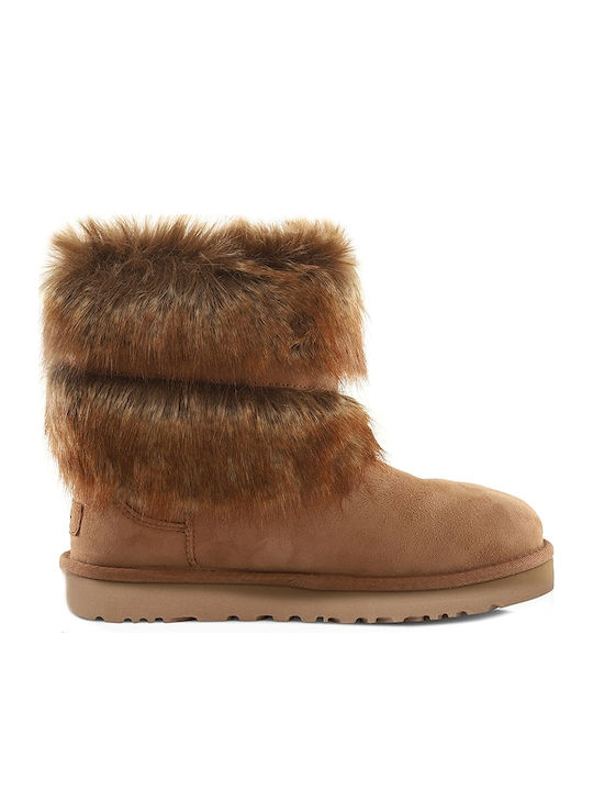 Classic Buckle Mini Suede Γυναικεία Μποτάκια με Γούνα Chestnut