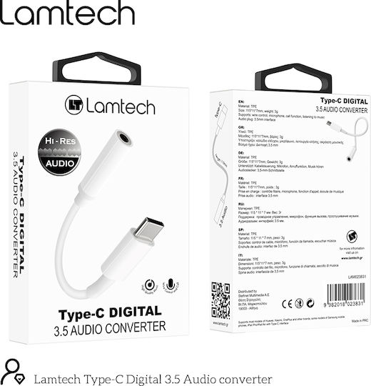 Lamtech Convertor USB-C masculin în 3.5mm feminin Alb 1buc LAM023831