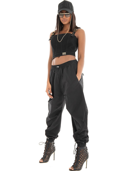 Damen Stoff Capri Hose mit Gummizug Schwarz