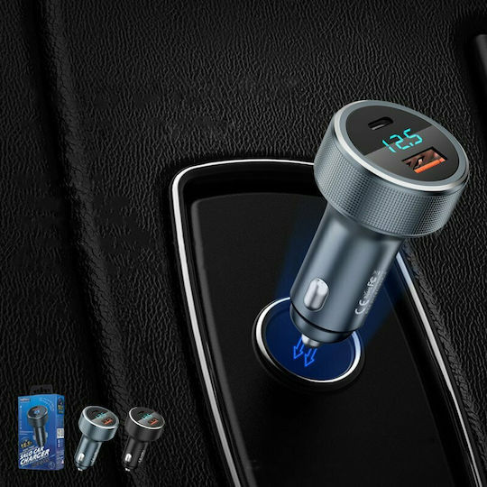 Remax Car Charger 58.5W 4.5A with Ports 1xUSB-A 1xType-C with mini-USB / Type-C Cable Silver Color