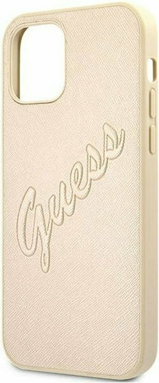 Guess Saffiano Vintage Script Back Cover Synthetic Leather / Plastic Gold (iPhone 12 / 12 Pro)