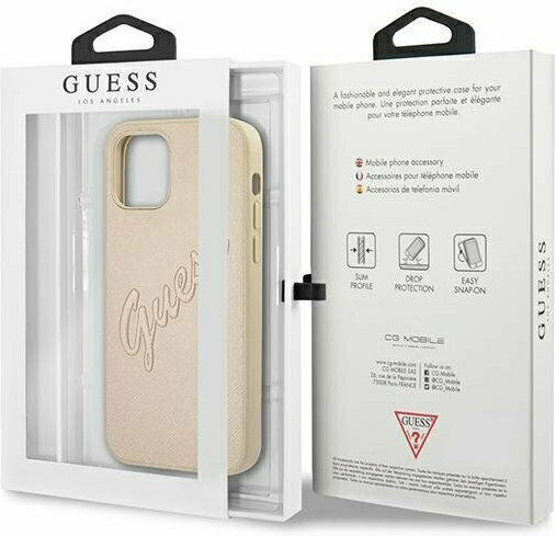 Guess Saffiano Vintage Script Back Cover Synthetic Leather / Plastic Gold (iPhone 12 / 12 Pro)