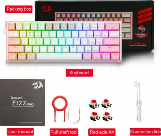 Redragon K616-RGB Fizz Pro Gaming Μηχανικό Πληκτρολόγιο 60% με Custom Red διακόπτες και RGB φωτισμό (Αγγλικό US) Pink/White