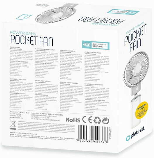 Platinet USB Rechargeable Fan 4000mAh White