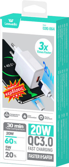 Leewello Charger Without Cable with USB-A Port 20W Quick Charge 3.0 Whites (CDQ-064)