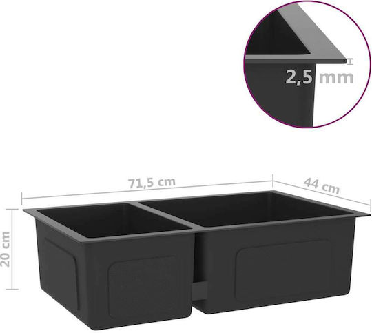 vidaXL Ένθετος Νεροχύτης Δεξιός Inox Μ71.5xΠ44cm Μαύρος