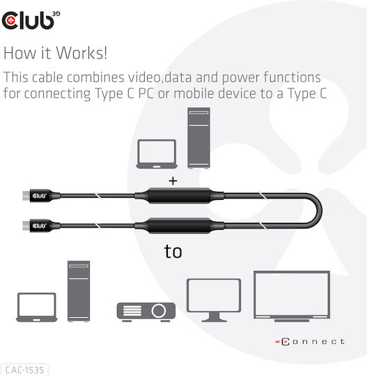 Club3D USB 3.2 Video Cable USB-C male - USB-C 60W PD Μαύρο 5m CAC-1535