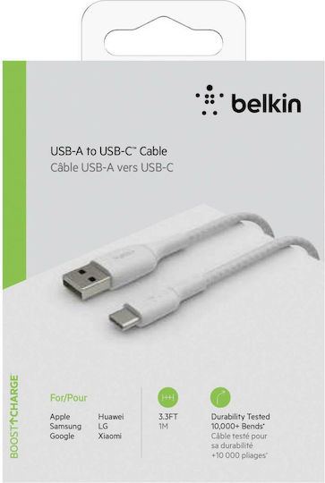 Belkin Braided USB 2.0 Cable USB-C Male - USB-A 15W White 1m CAB002BT1MWH