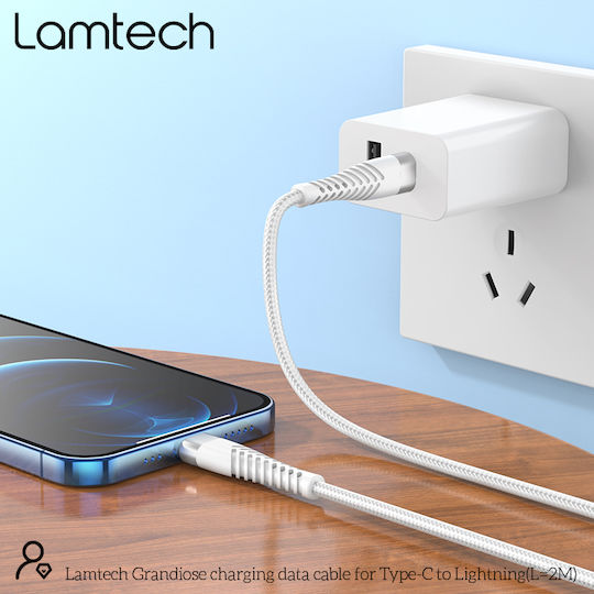 Lamtech Braided USB-C to Lightning Cable Λευκό 2m (LAM023640)