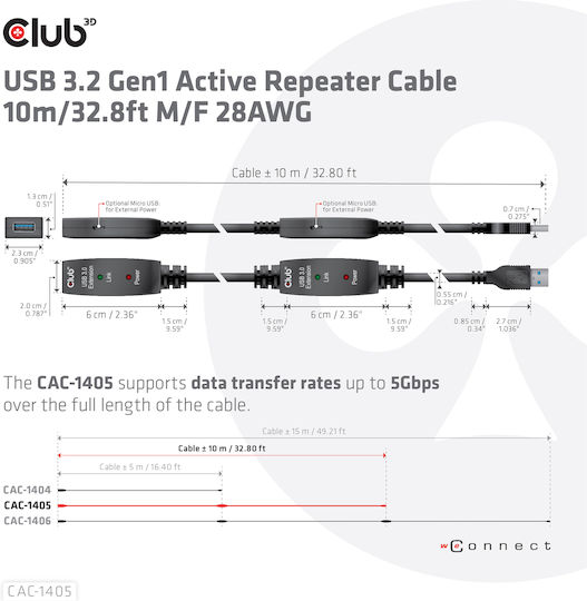 Club3D USB 3.1 Cable USB-A male - USB-A female Μαύρο 10m (CAC-1405)
