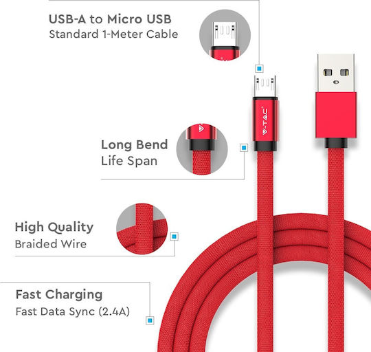 V-TAC Ruby Braided USB 2.0 spre micro USB Cablu Roșu 1m (8497) 1buc