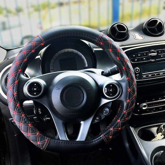 Feral Car Steering Wheel Cover Elegant with Diameter 45cm made of Leatherette Black with Red Stitching