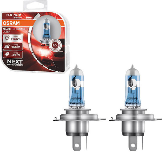Osram Λάμπες Αυτοκινήτου Night Breaker Laser +150% H4 Αλογόνου 12V 55W 2τμχ