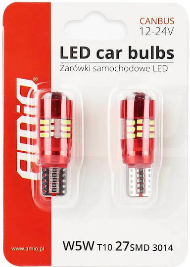 AMiO Lampen Auto CanBus 27 SMD T10 / W5W Canbus LED 5600K Kaltes Weiß 12V 2.5W 2Stück