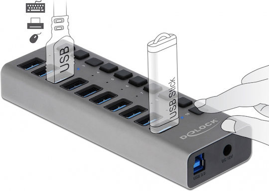 DeLock Hub 10 Porturi USB 3.0 cu Conectare USB-A Gri