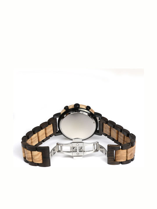 Bewell Poseidon Ανδρικό Ρολόι 43mm Χρονογράφος Μπαταρίας με Ξύλινο Μπρασελέ Black Olive