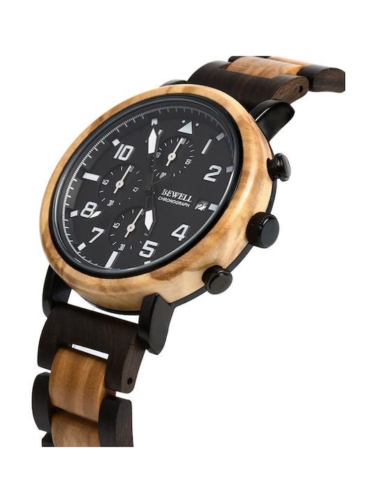 Bewell Poseidon Watch Chronograph Battery with Brown Wooden Bracelet