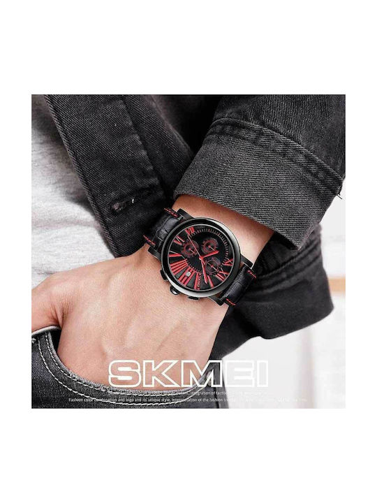 Skmei Watch Chronograph Battery with Leather Strap Black/Red