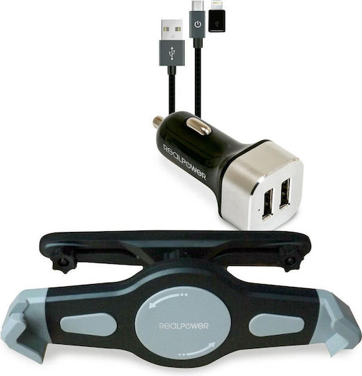 RealPower Holder + Charging Adapter Φορτιστής Αυτοκινήτου 2.4A με Θύρες: 2xUSB μαζί με Καλώδιο Lightning / Micro-USB Μαύρο Χρώμα