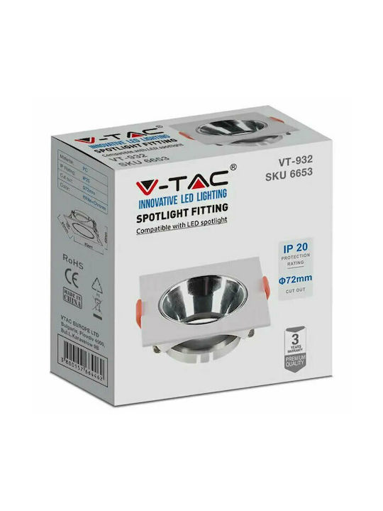 V-TAC VT-932 Square Plastic Recessed Spot with Socket GU10 White 8.5x8.5cm.