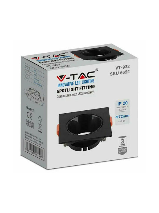 V-TAC Square Plastic Recessed Spot with Socket GU10 Black 8.5x8.5cm.