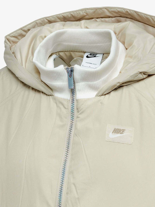 Therma-FIT Icon Clash Women's Running Short Sports Jacket Waterproof and Windproof for Winter with Hood Beige