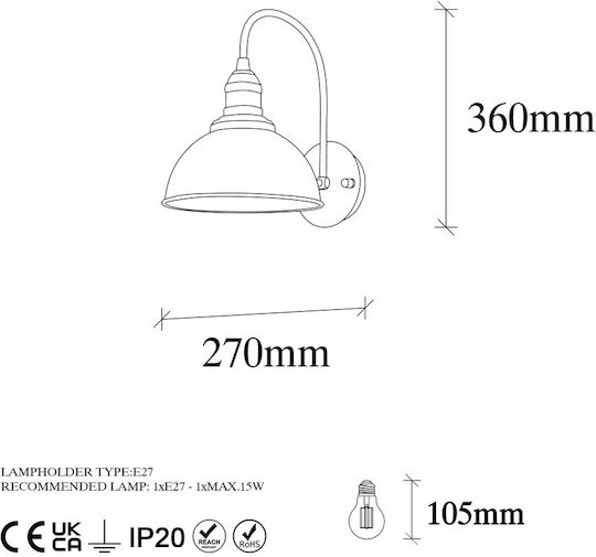 Opviq Vintage Lamp Wall with Socket E27 Black 27x27cm