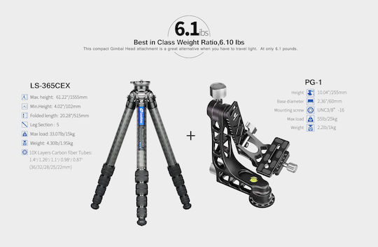 Leofoto Ranger LS-365C + PG-1 Τρίποδο - Μίνι με Gimbal Κεφαλή