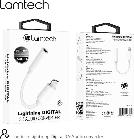 Lamtech Конвертор Lightning мъжки към 3.5mm женски Бял 1бр LAM063005