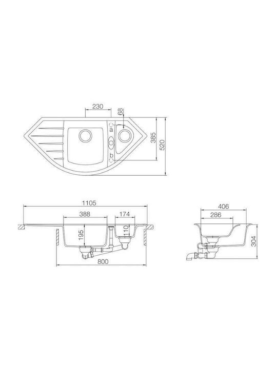 Macart Genius C-150 Flush Mounted Sink Corner Left Synthetic Granite W111.3xD52cm Titanium