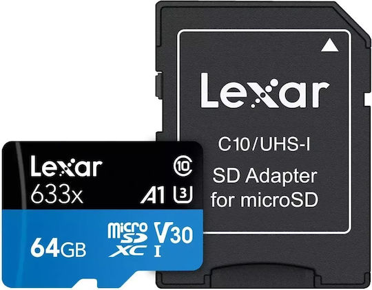 Lexar High-Performance 633x microSDXC 64GB U3 V30 A2 UHS-I 100MB/s με αντάπτορα