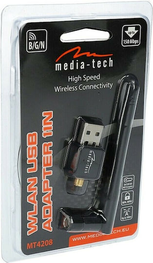 Media-Tech MT4208 USB Network Adapter with Wireless Wi-Fi Connection 150Mbps and Detachable Antenna