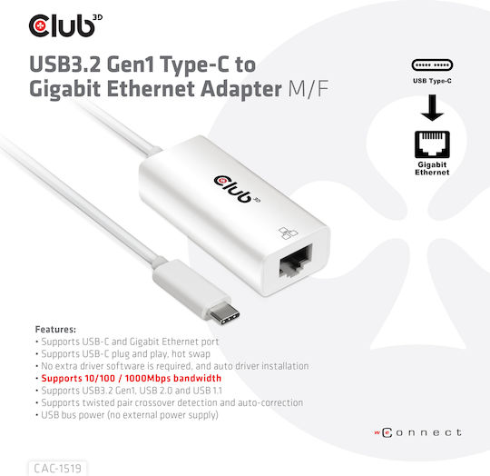 Club3D CAC-1519 USB-C Netzwerkadapter mit Verkabelter Verbindung Gigabit Ethernet