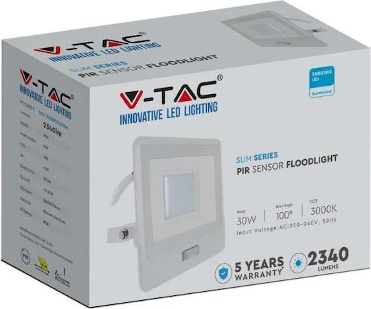 V-TAC Waterproof LED Flood Light 30W Natural White 4000K With Motion Sensor IP65