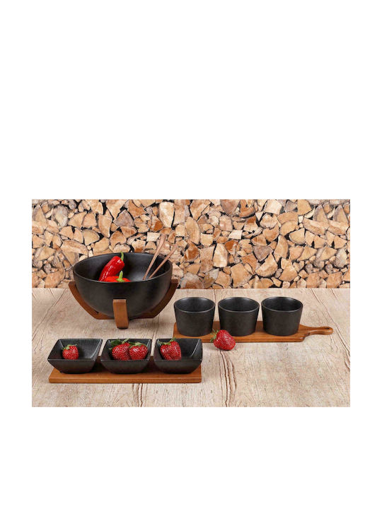 Cryspo Trio Porcelain Dessert Divided Serving Tray with 3 Slots Acacia Black 31.5x10cm 3pcs