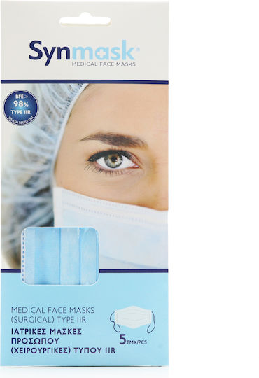 Syndesmos SynMask 3ply Surgical Masks Single Use Type IIR BFE ≥ 98% Protective Mask Non-Reusable Type IIR Surgical Blue 5pcs
