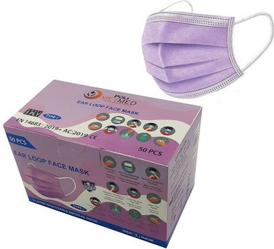 Poli MeyMed Ear Loop 3ply Μάσκα Προστασίας Μιας Χρήσης Χειρουργική Τύπου I σε Μωβ χρώμα 50τμχ