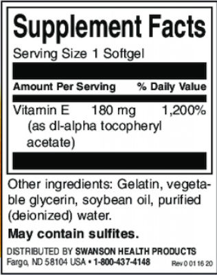 Swanson Vitamin E Vitamin für Antioxidans 400iu 180mg 60 Softgels