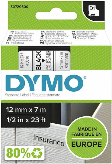 Dymo 45010 Label Maker Tape 7m x 12mm in Transparent Colour Compatible with Dymo D1