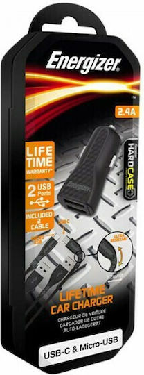 Energizer Auto-Ladegerät 12W 2.4A mit Anschlüssen: 2xUSB mit Kabel Mikro-USB Schwarz Farbe