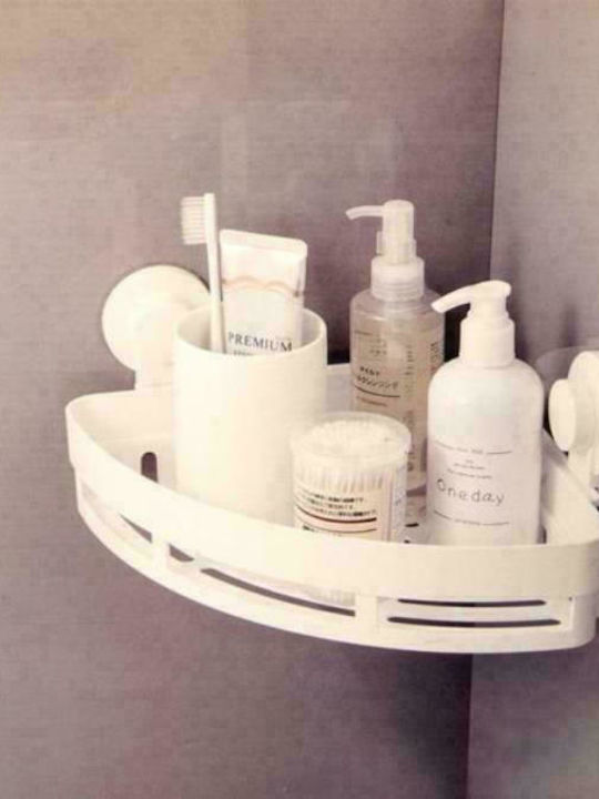 Bathlux 30163 Corner Wall Mounted Bathroom Shelf Plastic with 1 Shelf and Suction Cups 25.2x25.2x12.7cm White