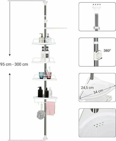 Songmics Colțar Rafturi de baie Raft Baie Metal cu 4 Rafturi 34x24.5x300cm Albă