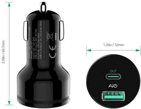 Aukey CC-Y7 Autoladegerät 39W 5.4A mit Anschlüssen: 1xUSB 1xType-C Schwarz Farbe